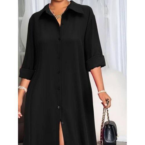 Lucky Life Kadın Uzun Kollu Yakalı önden Düğmeli Uzun Dokuma Elbise