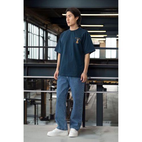 Cep Baskılı İki İplik Kumaş Pamuklu Oversize Erkek T-Shirt - Prusya Mavisi