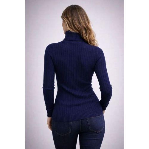 Balıkcı Yaka Bağazlı Triko Kazak Pamuklu Kalın Fitilli Dokuma - Lacivert