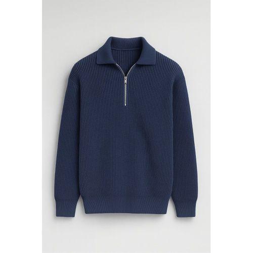 Gibson Oversize Yarım Fermuar Gömlek Polo Yaka Selanik Örme Erkek Triko Kazak - İndigo