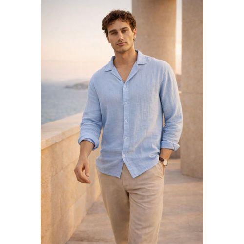 Apaş Yaka Oversize Müslin Kumaş Gömlek - Buz Mavi