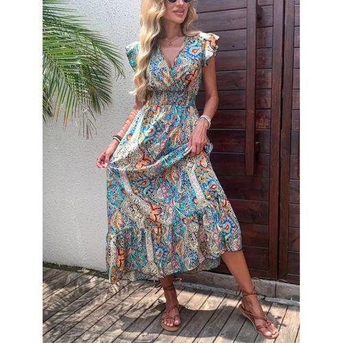 Kadın Kısa Kollu Kruvaze Yakalı Desenli Maxi Elbise