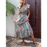 Kadın Kısa Kollu Kruvaze Yakalı Desenli Maxi Elbise