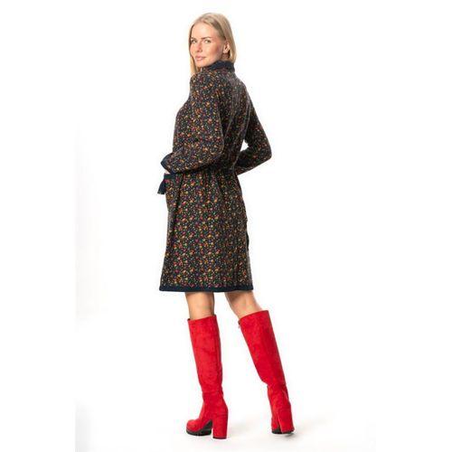 Uzun Kol Zuhal Pazen Midi Boy Sonbahar ve Kışlık Elbise Papatya Desen Lacivert Lcvt