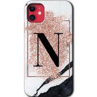 iPhone 11 HD Baskılı Kılıf + 9D Tam Ekran Koruyucu - Pembe Mermer Desenli N Harfi