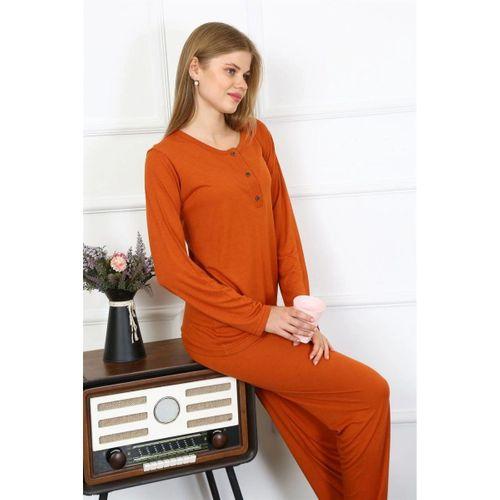 Kadın Penye Uzun Kol Patlı Pijama Takım Kiremit