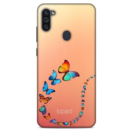 Samsung Galaxy M11 Kılıf Kelebek Etkisi (47) Crystal Flex Kılıf Fuşya Sarı