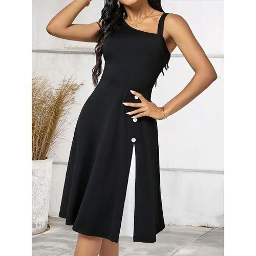 Kadın Tek Omuzu şerit Detaylı Kolsuz Yandan Düğme Detaylı Viskon Elbise