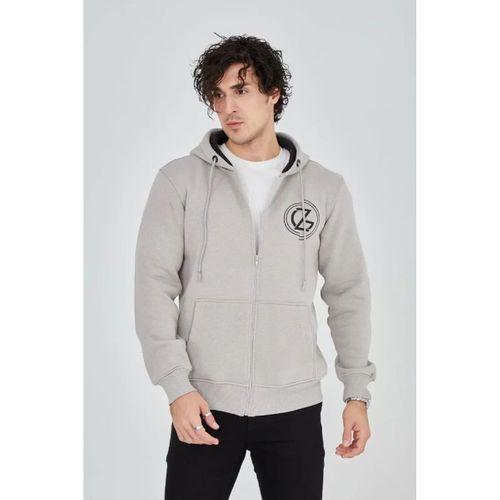 Erkek Kapüşonlu Baskılı Fermuarlı Hırka - Boyalı Gri