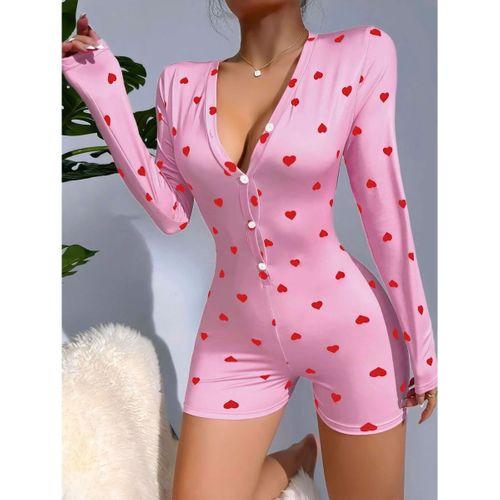 Pamuklu Pembe Kalp Desenli Düğmeli Tulum Pijama