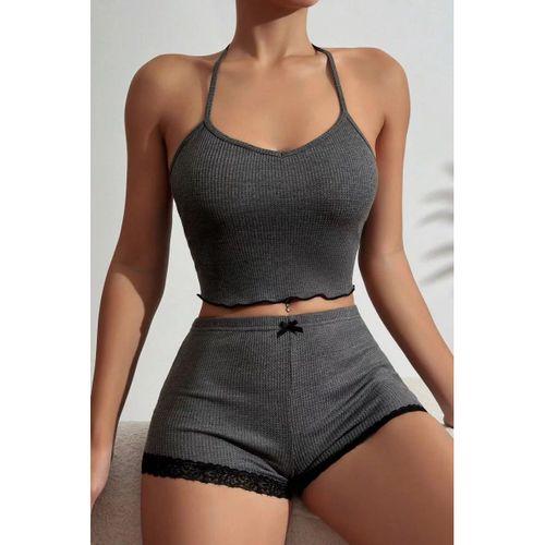 Kadın Gri Kaşkorse Sırt Ve Bacak Kısmı Dantel Detaylı Şortlu Gecelik Takım