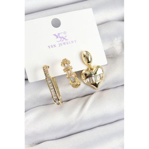 Pirinç Zİrkon Taşlı Kalp Model Gold Renk 3'lü Kadın Küpe