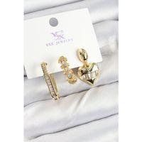 Pirinç Zİrkon Taşlı Kalp Model Gold Renk 3'lü Kadın Küpe