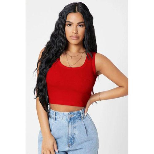 Kadın Kırmızı Modern Fit Kare Yaka Crop Top Bluz