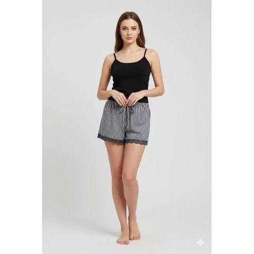 Çizgili Penye Kadın Ev Şortu Bacak Dantel Detaylı Ev Giyim Siyah