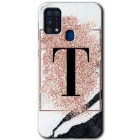 Samsung Galaxy M31 Kılıf Baskılı Kapak - Pembe Mermer Desenli T Harfi + 5D Tam Kaplayan Cam