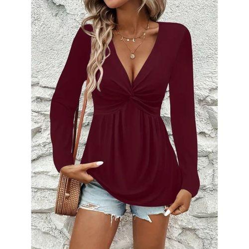 Kadın Uzun Kollu Dekolteli Sarmal Detaylı Viskon Bluz