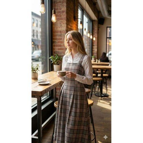 Kadın Omuz Askılı Full Ekose Detay Elbise