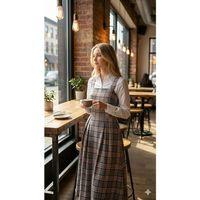 Kadın Omuz Askılı Full Ekose Detay Elbise