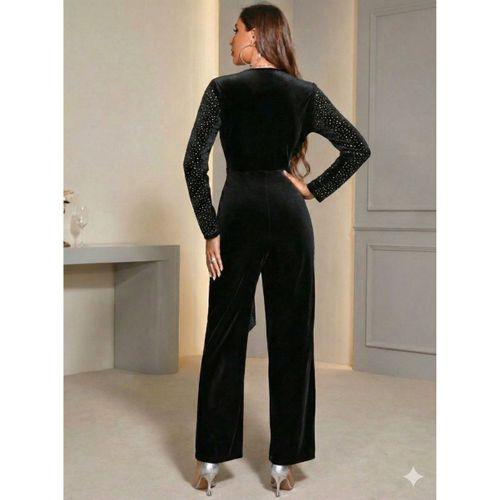 Kadın Uzun Kollu Kruvaze Yakalı Belden Kuşaklı ışıltılı Kadife Tulum