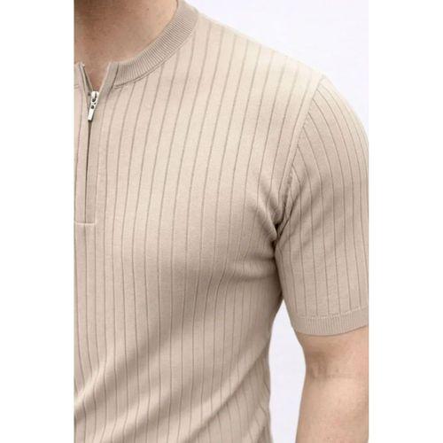 Erkek Kısa Kol Fitilli Triko T-Shirt Yazlık Hakim Yaka Tişört - Bej