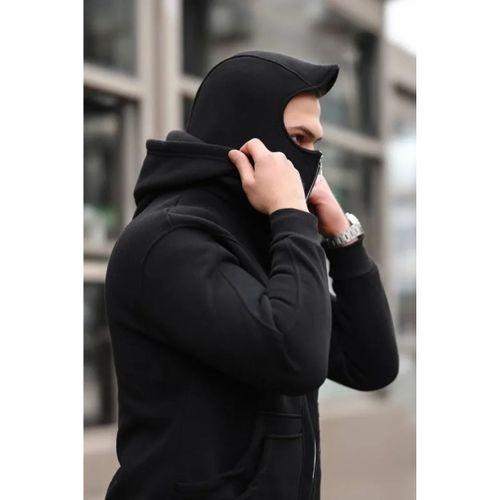 Erkek Maskeli Ninja Model Çift Kapüşonlu 3 İplik Şardonlu Fermuarlı Sweatshirt - Siyah