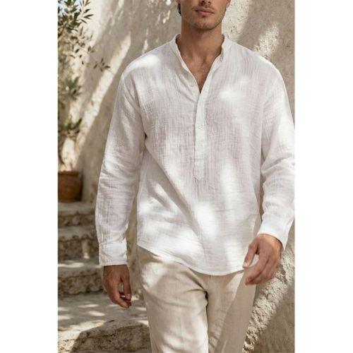 Hafif ve Nefes Alabilir Erkek Müslin Yarım Pat Hakim Yaka Oversize Gömlek - Beyaz