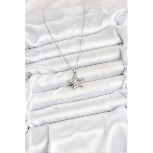 316L Çelik Zincir Gümüş Renk Pembe Taşlı Yıldız Model Kadın Kolye