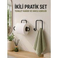 Duvara Yapışkanlı 2’li Düzenleme Seti Havlu Askısı Ve Tuvalet Kağıdı Tutucu