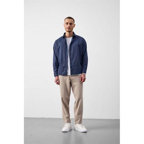 Pixel Relaxed Fit Pamuklu Mikro Çizgili Flanel Erkek Gömlek - Lacivert