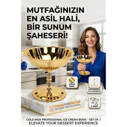 2'li Profesyonel İnox Gold Paslanmaz Çelik Ayaklı Dondurma ve Tatlı Sunum Kasesi Seti 723149