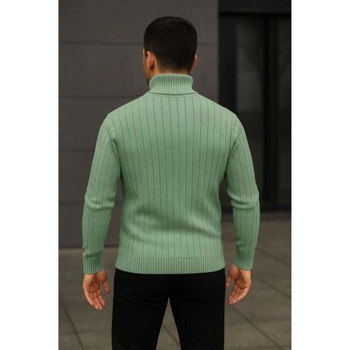 Erkek Balıkcı Yaka Bağazlı Triko Kazak Pamuklu Kalın Fitilli Dokuma, Regular Fit Uzun Kollu Kışlık Model - Mint Yeşili