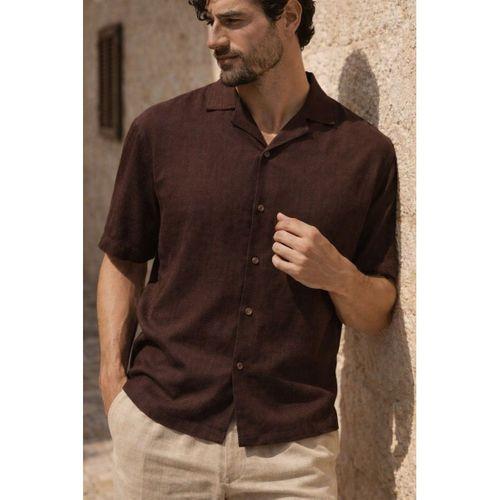 Doris Oversize Kalıp Odessa Kumaş Resort Yaka Kısa Kollu Erkek Gömlek - Kahve