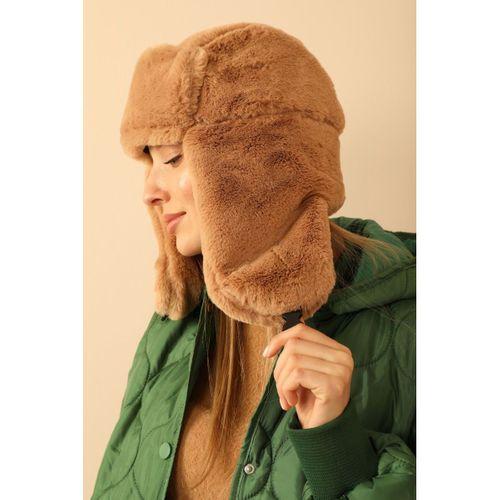 Peluş Kulaklıklı Klipsli Kadın Camel  Pilot Şapka Bere