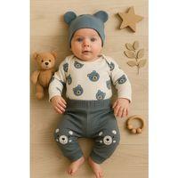 Kulaklı Ayıcık % 100 Pamuk 3'lü Erkek Bebek Takım