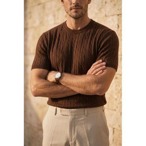 Walsh Saç Örgü Desenli Bisiklet Yaka İnce Triko Erkek T-Shirt - Kahve