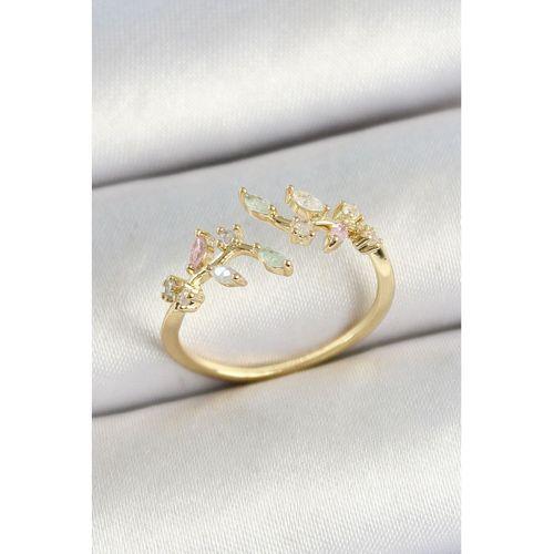 Pirinç Yaprak Figürlü Zirkon Taşlı Gold Renk Ayarlanabilir Kadın Yüzük