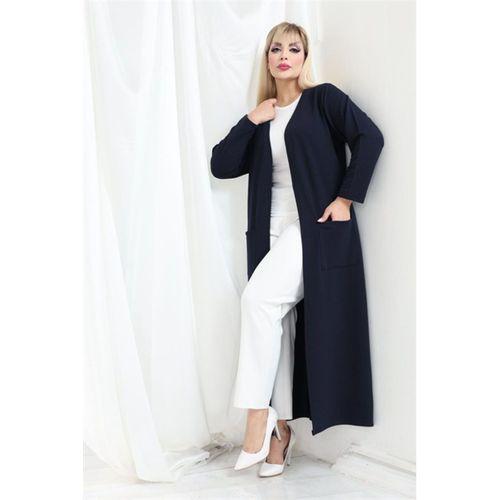 Melsay Butik Büyük Beden Lacivert Dokulu Örme Kumaş Uzun Kadın Hırka