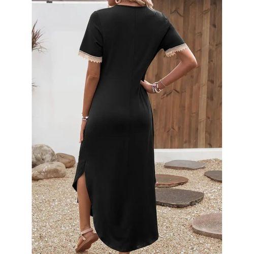 Kadın Kısa Kollu Dantel V Yakalı Uzun Viskon Elbise