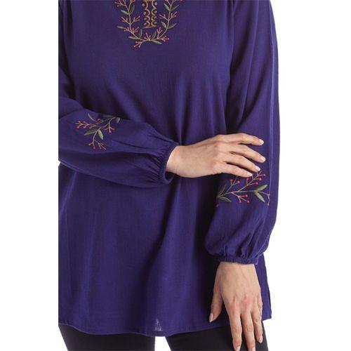 Şile Bezi Uzun Kol Mor Nakış Detaylı V Yaka Yazlık Otantik Bluz