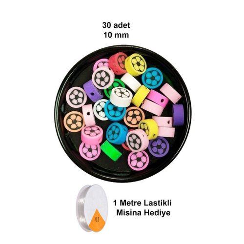 30 Adet 10 mm Polimer Kil Fimo Boncuk Takı Bileklik + 1 Metre Lastikli Misina Hediye - Renkli Çiçek