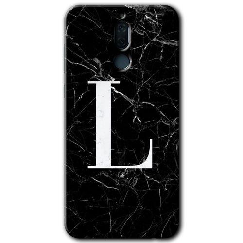 MRCİLETİSİM Huawei Mate 10 Lite Kılıf HD Desen Baskılı Arka Kapak + Temperli Cam - Siyah Mermer Desenli L Harfi