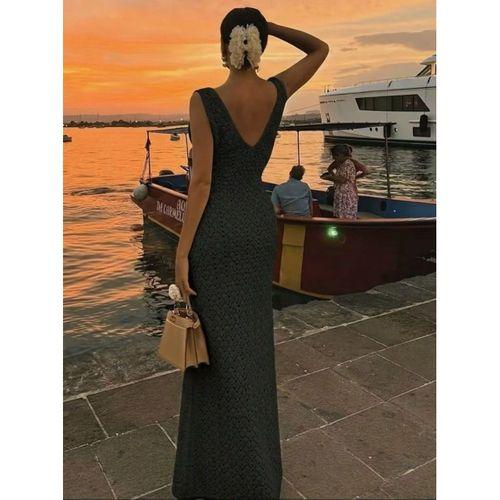 Kadın Askılı V Yakalı Uzun Triko Elbise
