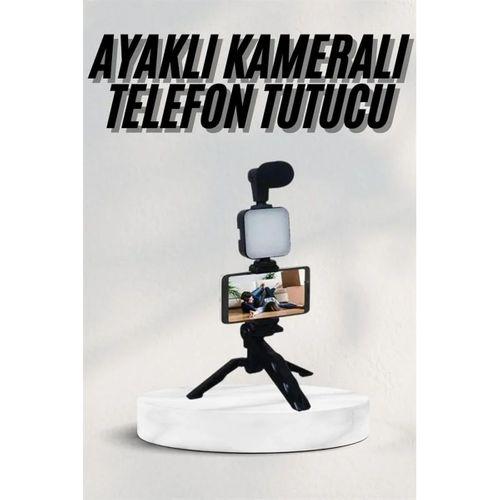 Telefon Tutucu Led Işıklı Kumandalı Mikrofon Telefon Vlog Video Kayıt