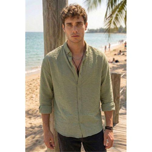 Pera Kumaş Keten Görünümlü Yarım Oversize Uzun kollu Erkek Gömlek - Açık Haki