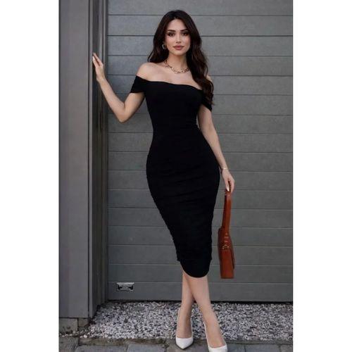 Madonna Yaka Drapeli Midi Elbise Likralı Vücuda Oturan Davet Elbisesi - Siyah