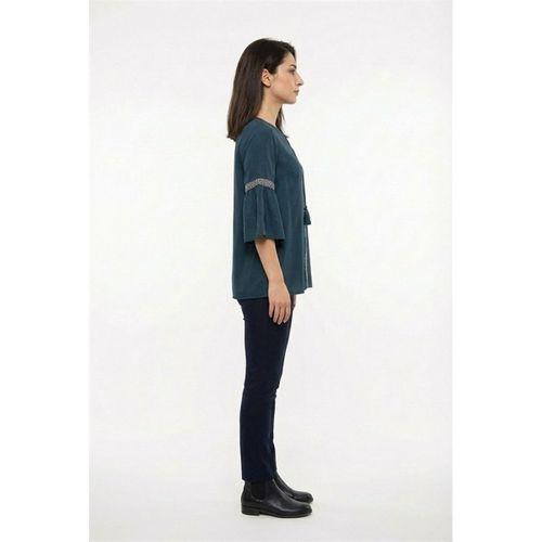 Kısa Kol Dicle Bağcıklı V Yaka Şile Bezi Yazlık Bluz Petrol Ptrl