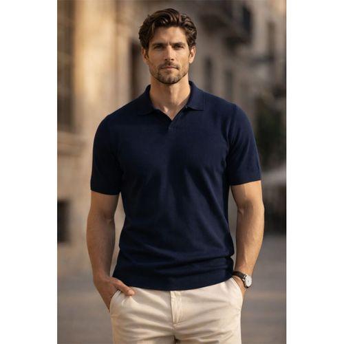 Dawson Polo V Yaka Düğmesiz Kısa Kollu İnce Triko Erkek T-Shirt - Lacivert