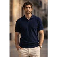 Dawson Polo V Yaka Düğmesiz Kısa Kollu İnce Triko Erkek T-Shirt - Lacivert