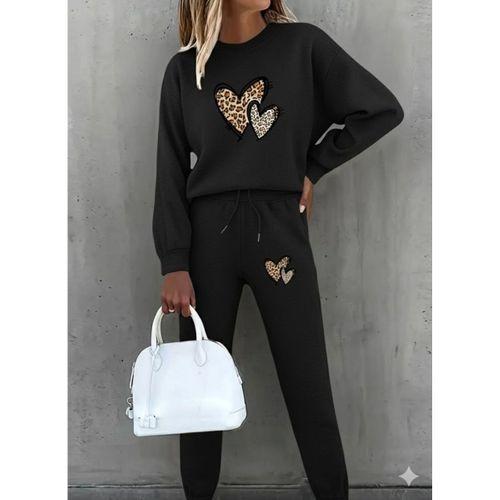 Kadın Uzun Kollu Bisiklet Yaka Kalp Desenli şardonlu üç Iplik Bluz Ve Pantolon Ikili Takım